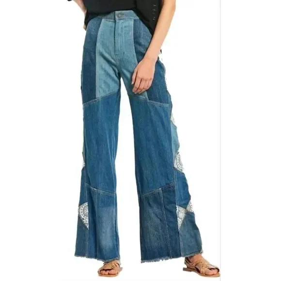 NEW Free People My Element Patcheork Wide Crochet Flare Leg Jeans Size 25 - Picture 3 of 6